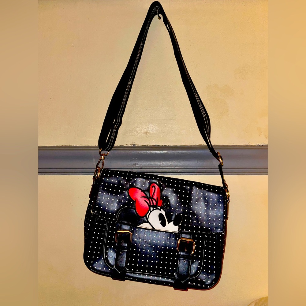 No Tag/Brand Minnie Mouse Black & White Polka Dot Satchel Bag with Guitar Strap.